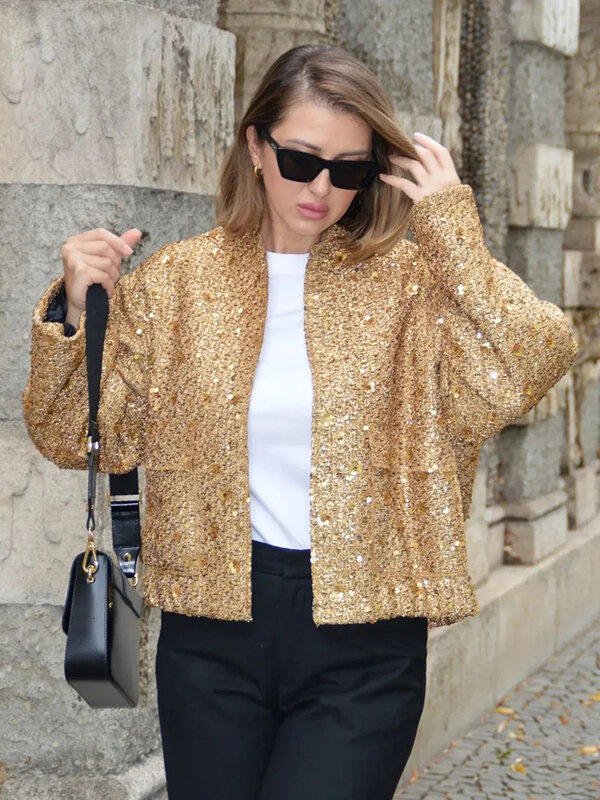 HH TRAF Autumn Sequins Golden Loose Jacket for Women Sparkle Long Sleeve Casual Bomber Jacket with Pockets Female Fashion Coats