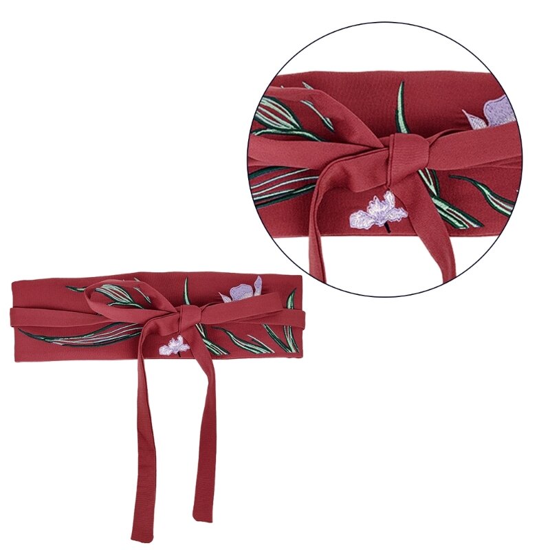 Chinese Mamianqun Hanfu Clothing Waistband with Embroidery Wide Tie Belt with Orchid Flower Pattern for Mamianqun