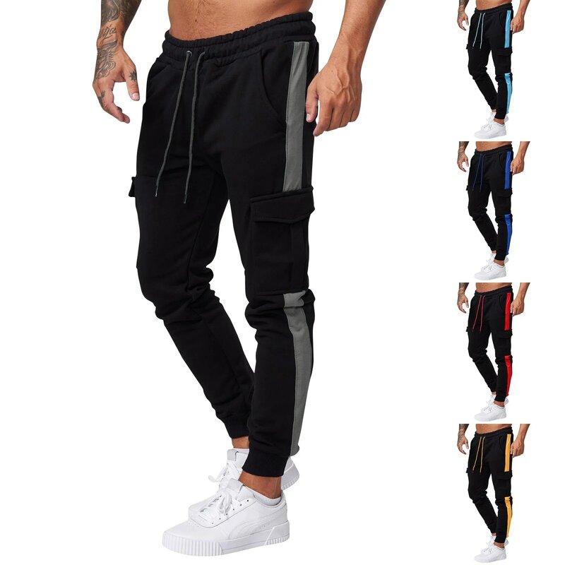 Мужские спортивные брюки в стиле пэчворк, уличные спортивные повседневные облегающие брюки, модные трендовые спортивные брюки с завязками и карманами