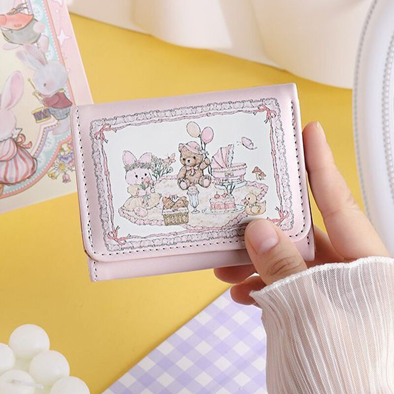 Women's Short Cute Girl Mini Pink ID Bag Card Holder Coin Multi Card Magnetic Buckle Zero Wallet