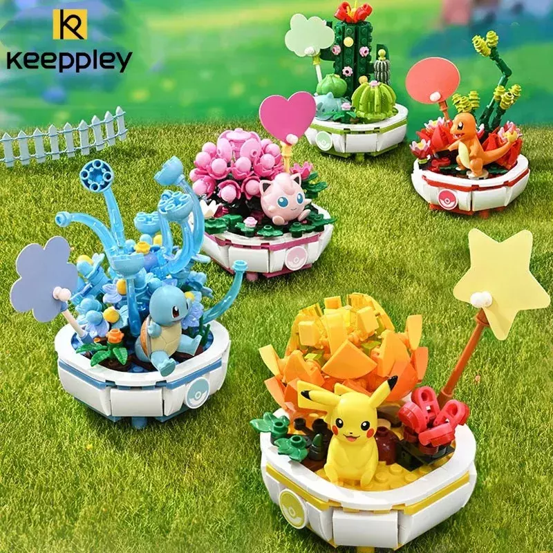 Keepley Pokemon blok bangunan Pikachu Charmander mainan Model Squirtle tanaman dekorasi rumah pot bunga bata mainan anak hadiah