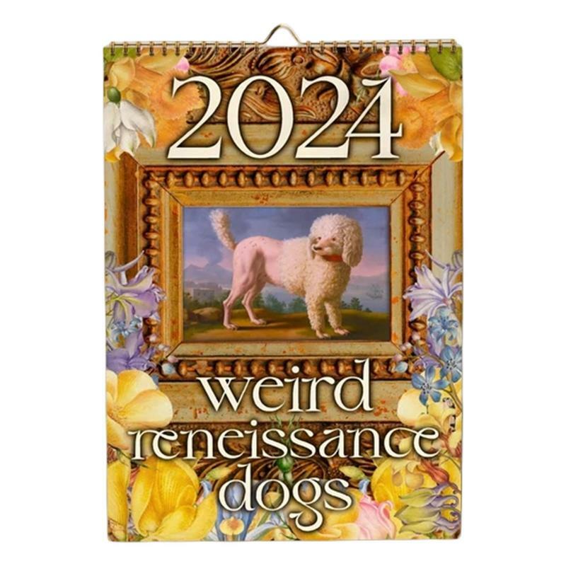 Calendrier mural chien médiéval étrange pour écoles et salons, unique, drôle, rétro, nouvel an, 2024