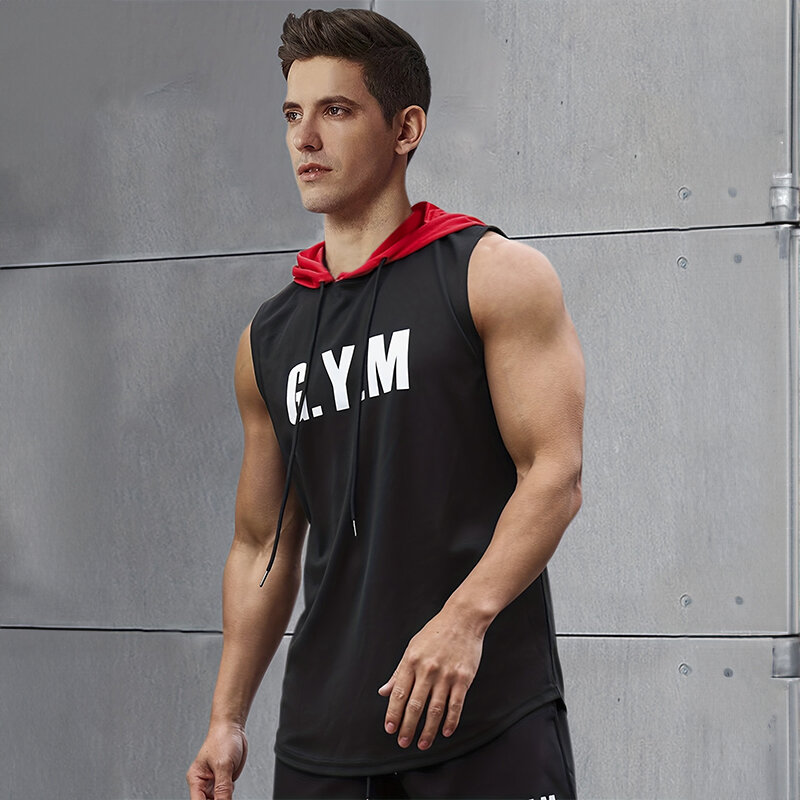 2024 New Men's Sleeveless Hooded Bottom Shirt Fitness Sports Tops Fashion Casual Loose Hoodie Running Fitness Men's Tank Top