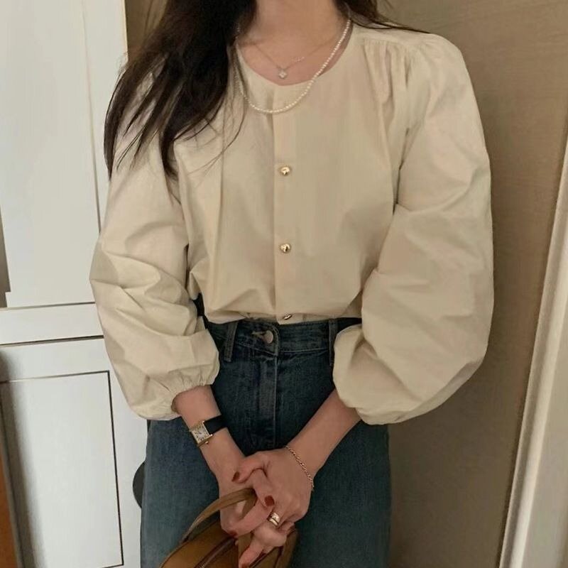 QWEEK-camisas listradas estilo coreano para mulheres, blusas elegantes de manga lanterna, casual e chique, estilo estético dinheiro antigo, primavera