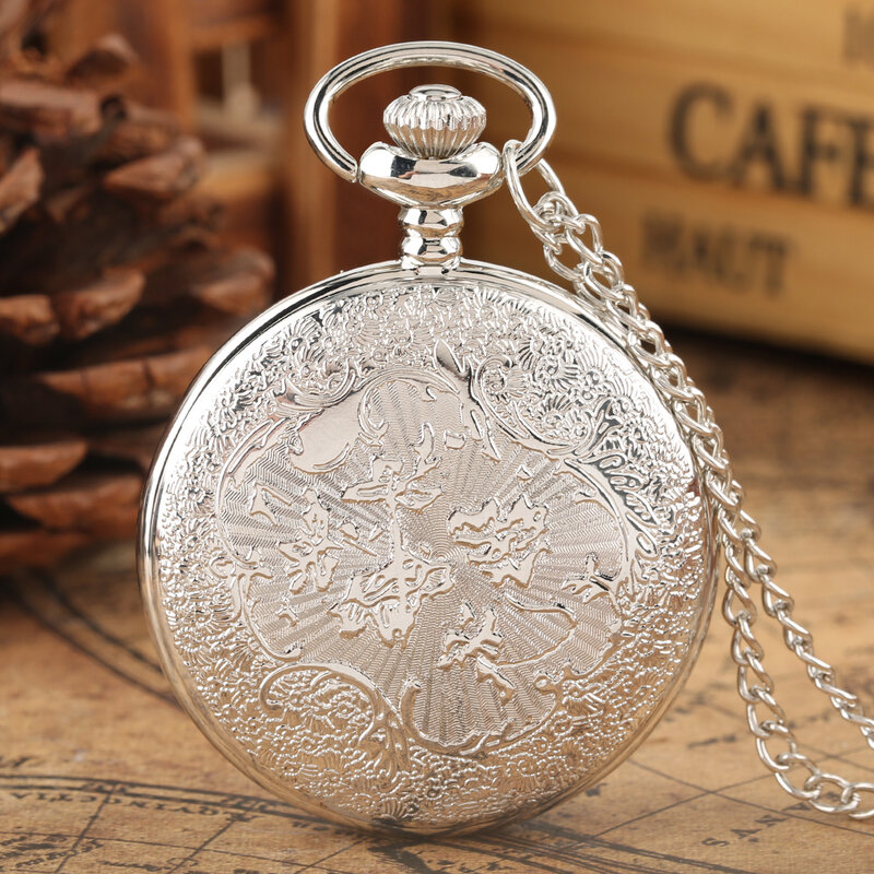 Elegante reloj de bolsillo de cuarzo con diseño de plata, reloj de bolsillo con números romanos Steampunk, luminoso, analógico, flores, cadena FOB