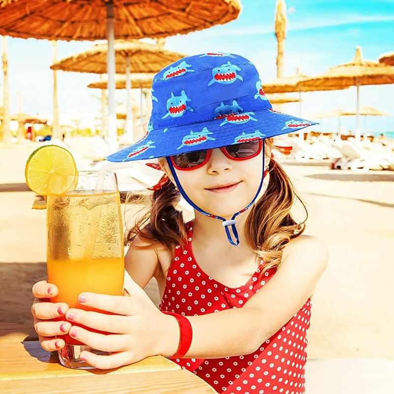 Панама с широкими полями для мальчиков и девочек, пляжная кепка с защитой от УФ излучения, с регулируемым ремешком для подбородка, летняя детская шапка от солнца