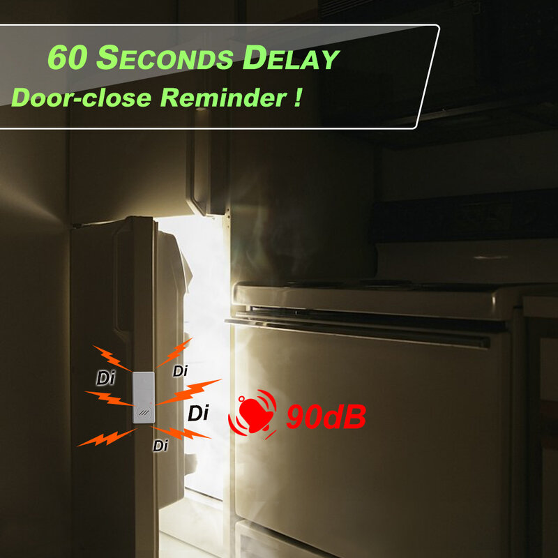 Camluxy alarma de puerta de refrigerador cuando se abre, 60 segundos de retardo de tiempo, 90dB, fuerte, ultrafino, alarma de nevera, ventana abierta, alarma de seguridad