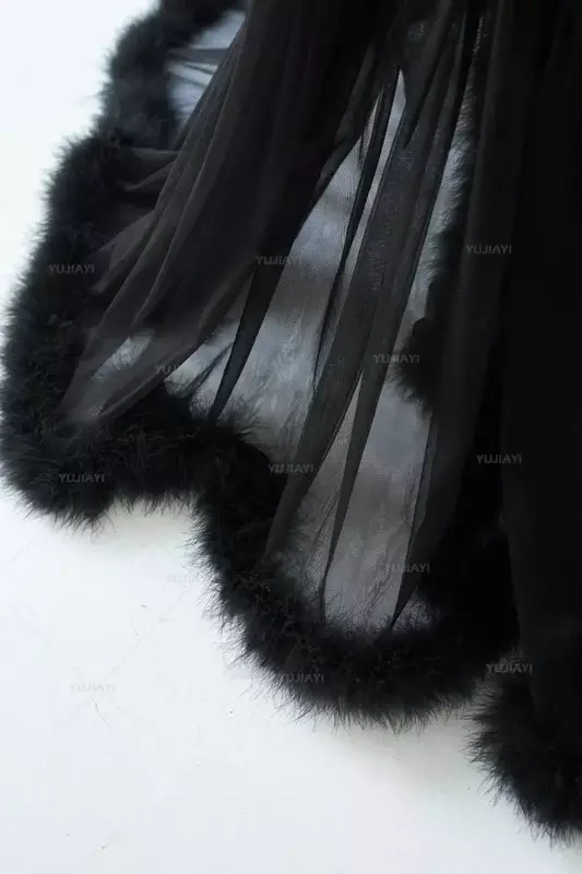 Модный меховой халат, женский халат с перьями, длинный свадебный халат из тюля с иллюзией, ночная рубашка, одежда для сна