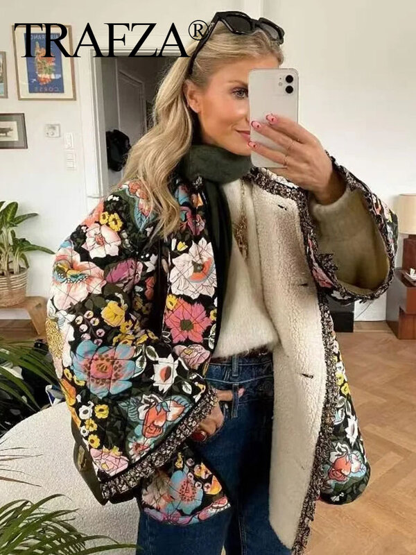 TRAFZA Jacket For Women Autumn Floral Print Quilted Reversible Cotton Coat Cardigan Long Sleeve Jackets Elegant Woman Streetwear