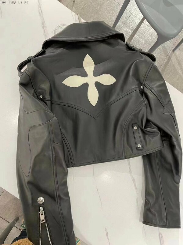 2023 Women Spring Midnight Motorcycle Genuine Sheep Leather Jacket Slim Real Sheepskin Leather Coat G7