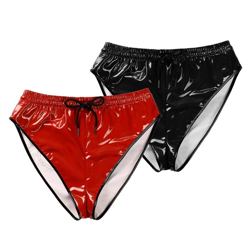 Women Sexy Panties Wet Look Oil Shiny Pu Leather Black Briefs Exotic Thong G-String Lingerie With Pocket Underpants For Female