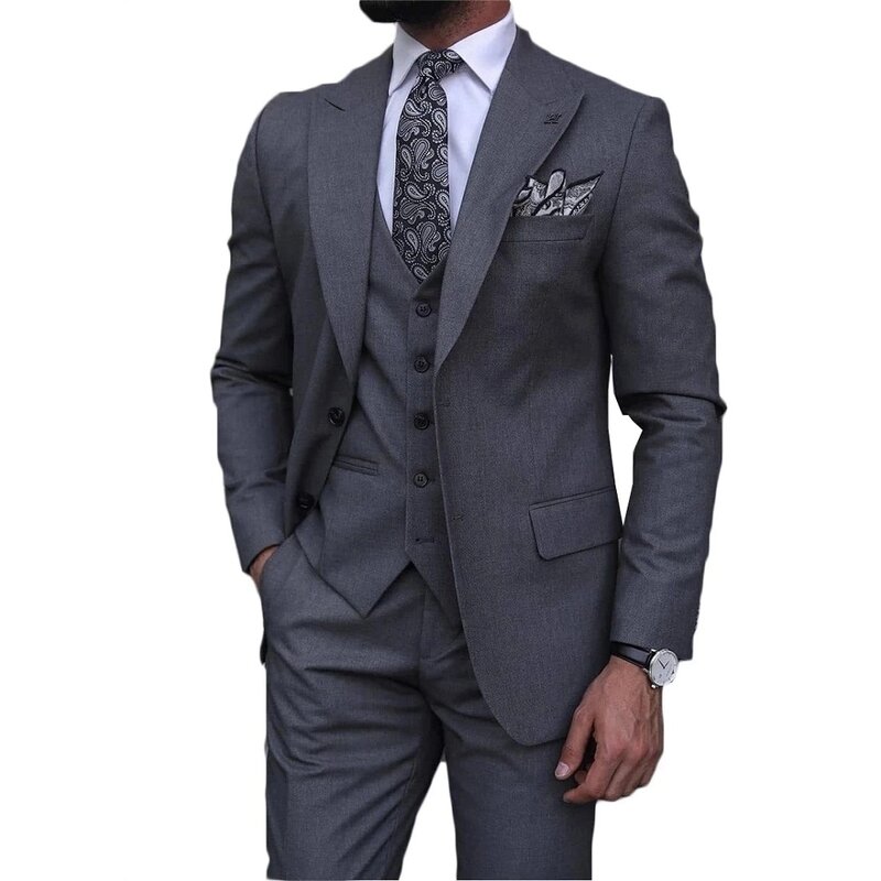 Dark Gray Men's Suit Peak Lapel Two Button Slim Fit Promding Business Groom Tuxedos Terno Masculino Blazer 3 Pieces