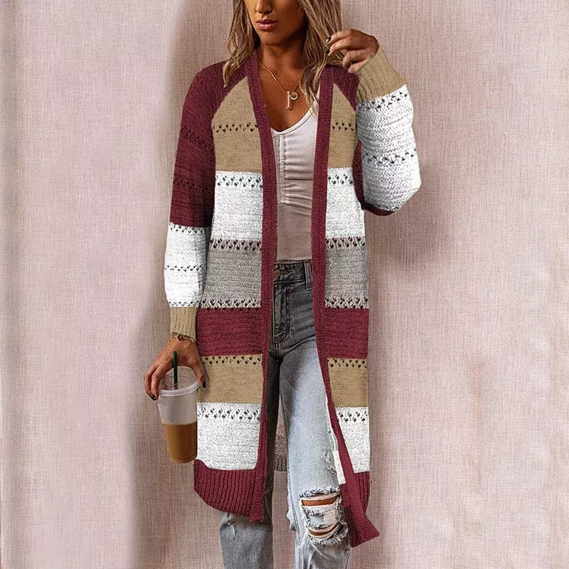 Suéter de retalho listrado de manga comprida feminino, suéteres confortáveis, costura elegante, cardigã casual feminino, tops para outono e inverno, 2021