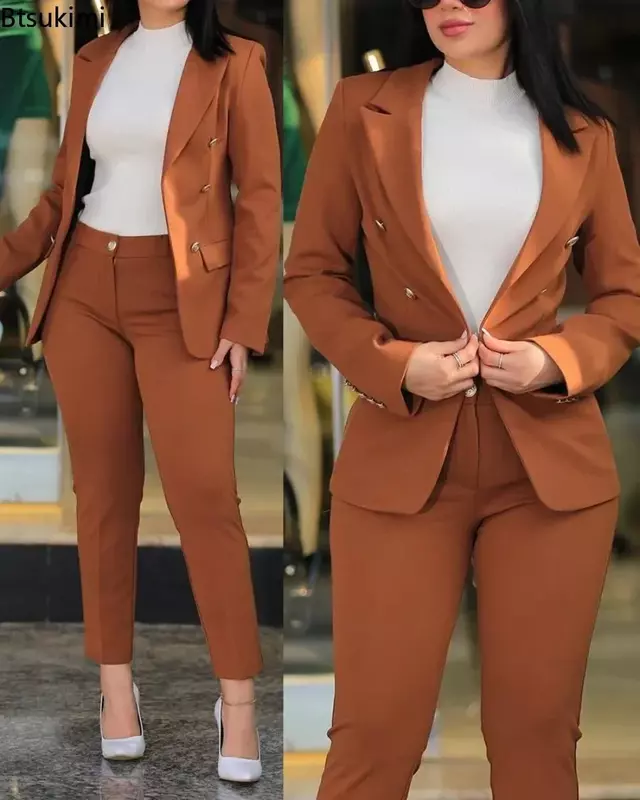Setelan jaket dan celana wanita, setelan jas dua potong celana bisnis kantor wanita, Blazer Double Breasted Solid 2 buah 2024