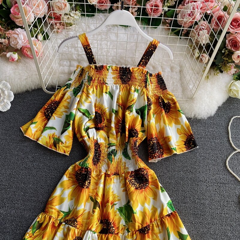 2023 런웨이 해바라기 여름 드레스 여성, 콜드 컷 오프 숄더 슬래시 넥, 꽃무늬 프린트, 휴일 롱 선드레스