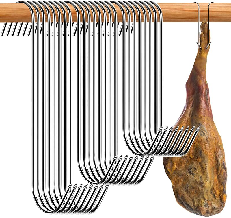 Aço inoxidável s ferramenta de gancho de carne do açougueiro para fumar quente e frio slackering caça frango churrasco porco salsicha bacon grill gancho