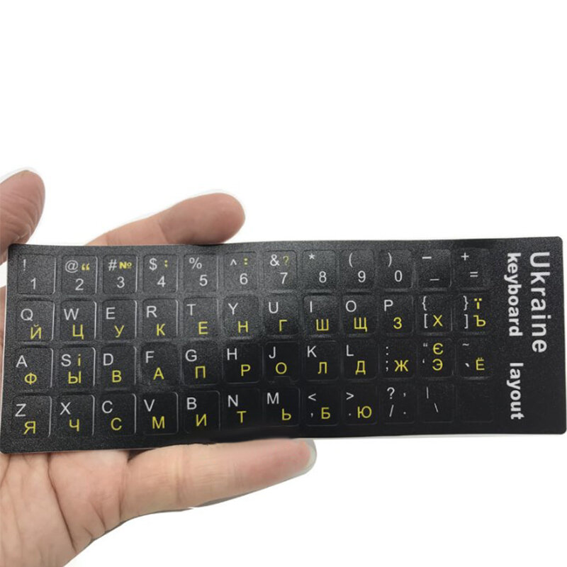Teclado de idioma ucraniano con diseño de pegatina, alfabeto duradero, fondo negro, letras blancas para PC y portátil Universal