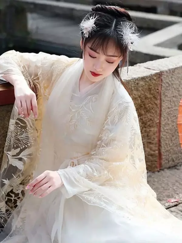 Laço bordado hanfu feminino cosplay traje vestido de fada respirável, nacional dança desempenho vestuário verão