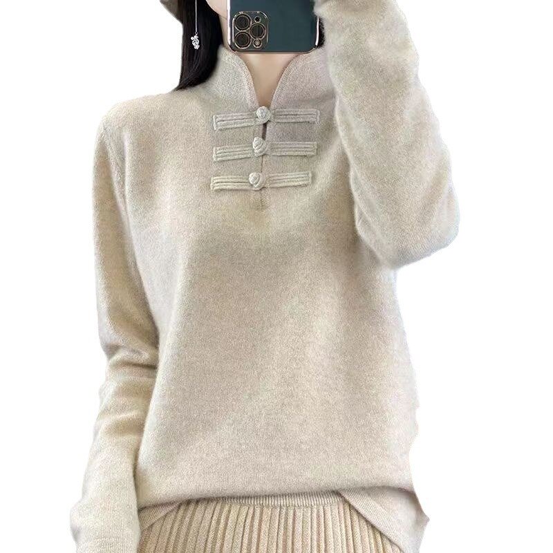Autunno e inverno delle donne nuovo mezzo collo alto sciolto tinta unita moda stile cinese Qipao Retro Pan Button top a maniche lunghe