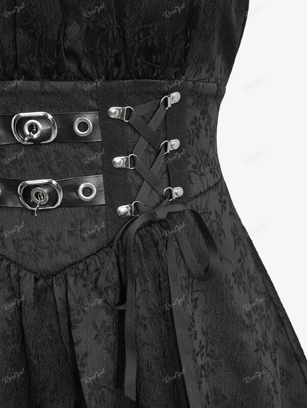 ROSEGAL Plus Size Gothic Dresses Black Vestidos Floral Jacquard Embroidered PU Straps Grommet Buckle Lace Up Handkerchief Dress