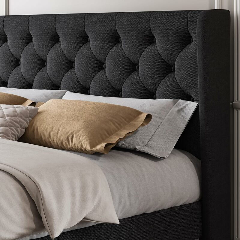 SHA CERLIM-King Size Plataforma Bed Frame, estofados cabeceira e Wingback, botão adornado Design, fácil montagem, preto