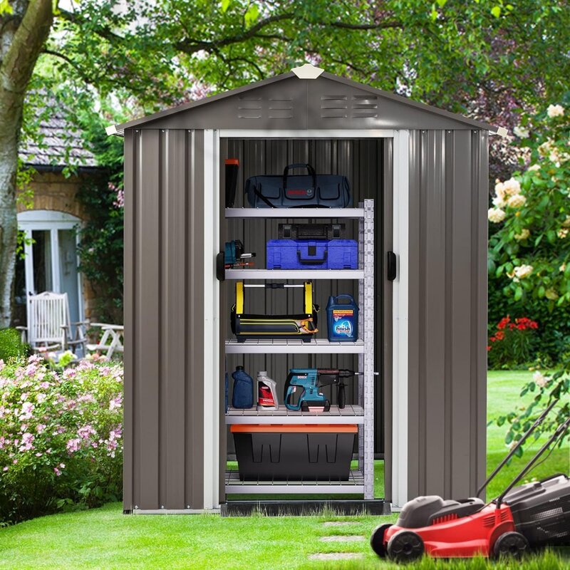 Outdoor storage shed, waterproof metal garden shed with locked door, and weather resistant steel tool shed in the courtyard