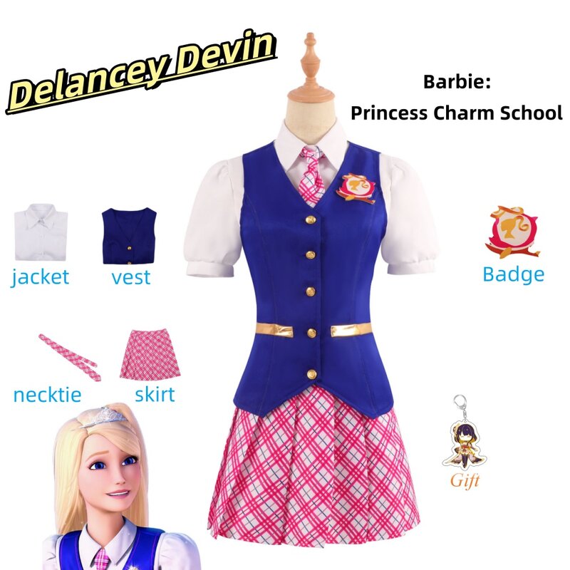 Delancey Devin kostum Cosplay, setelan rok rompi kemeja sekolah pesona Putri Anime, kostum Cosplay anak perempuan, setelan pesta Halloween