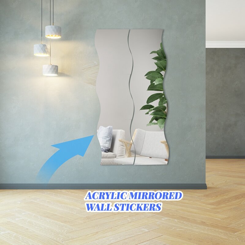 3D Silver Wave Espelho Adesivo, Decalque de parede acrílico, removível, reflexivo, DIY, Home Decor, 6 pcs