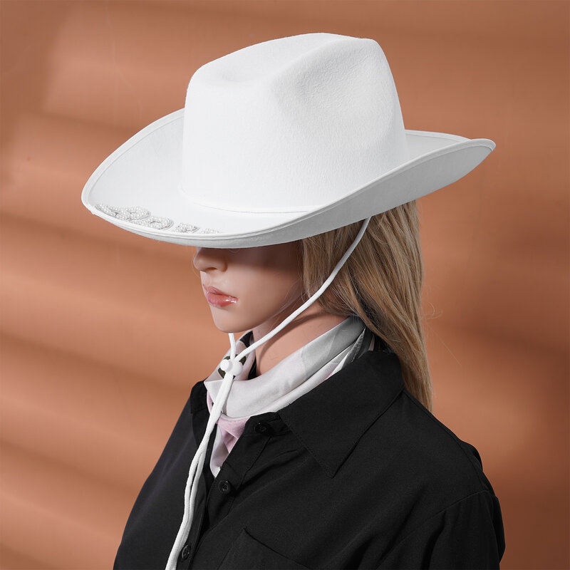 Sombrero de vaquero de Boda nupcial de diamante blanco para mujer, sombreros de vaquera, ala ancha, disfraz occidental de Panamá, suministros para sesión de fotos de boda