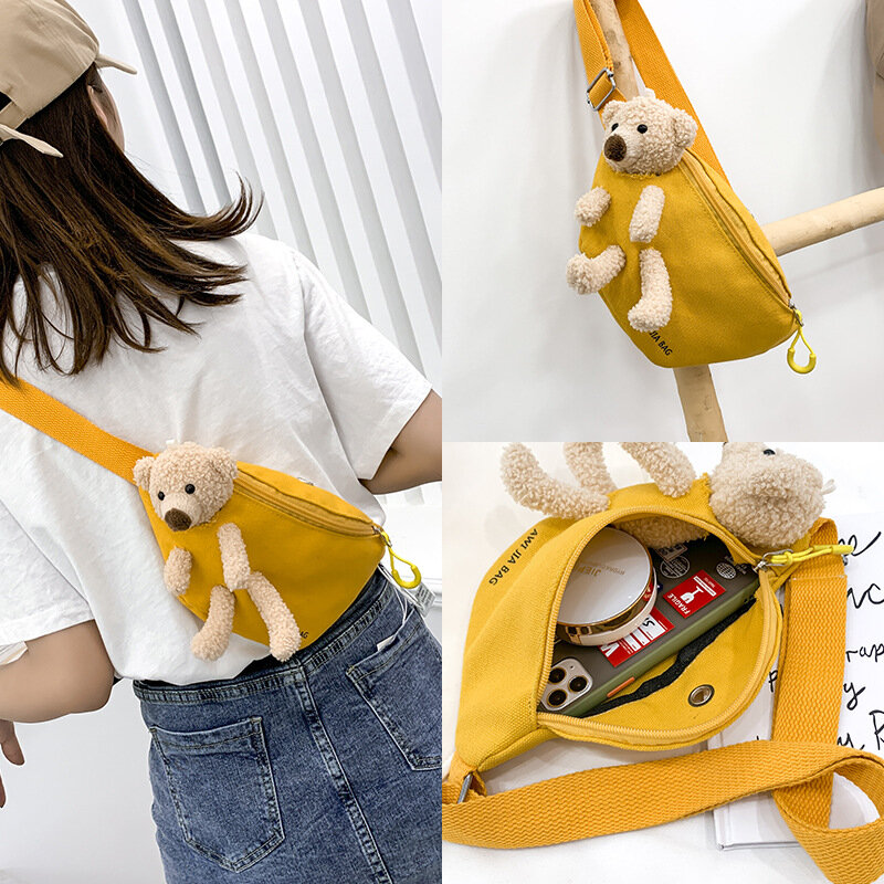 Cute Cartoon Plush Bear Crossbody Bag Waist Pack for Women Girls Small Canvas Coin Purse Fashion Adjustable Chest Messenger Bag