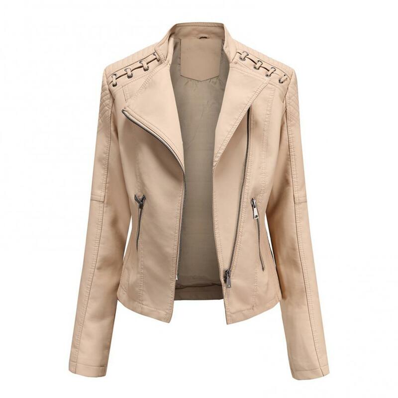 Jaqueta de couro falso de manga comprida feminina, casaco de motociclista, blusa feminina solta, estilo de rua, zíper
