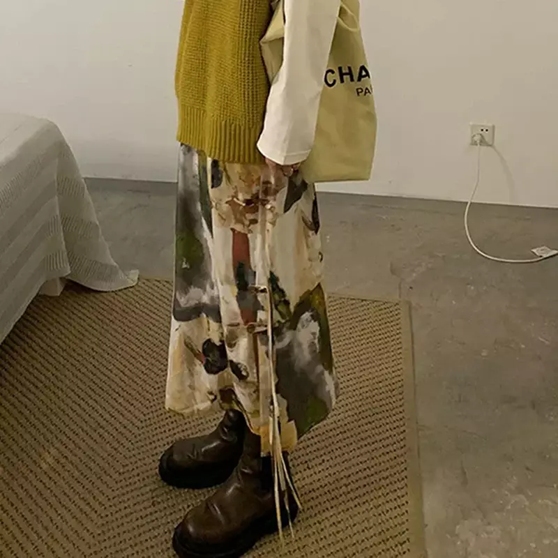 Jupes de peinture à l'huile pour femmes, jupes mi-longues à fente droite Harajuku, streetwear rétro Y2K, jupe taille haute, conception de bandage
