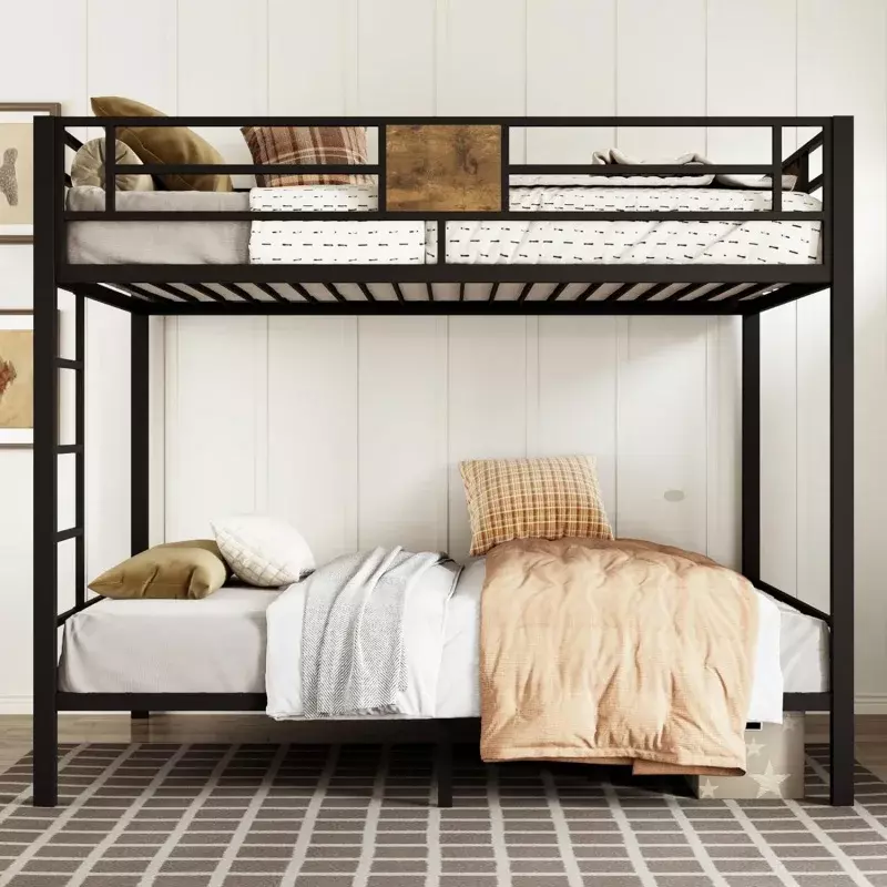Calwie-ツイン二段ベッド,素朴な木製テント,頑丈な金属フレーム,省スペース,ノイズフリー,黒,ツインベッド