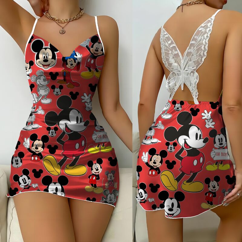 Minnie Mouse gaun pesta simpul pita gaun Backless permukaan Satin Mickey Disney gaun rok piyama Wanita Mode Musim Panas 2024 Mini seksi