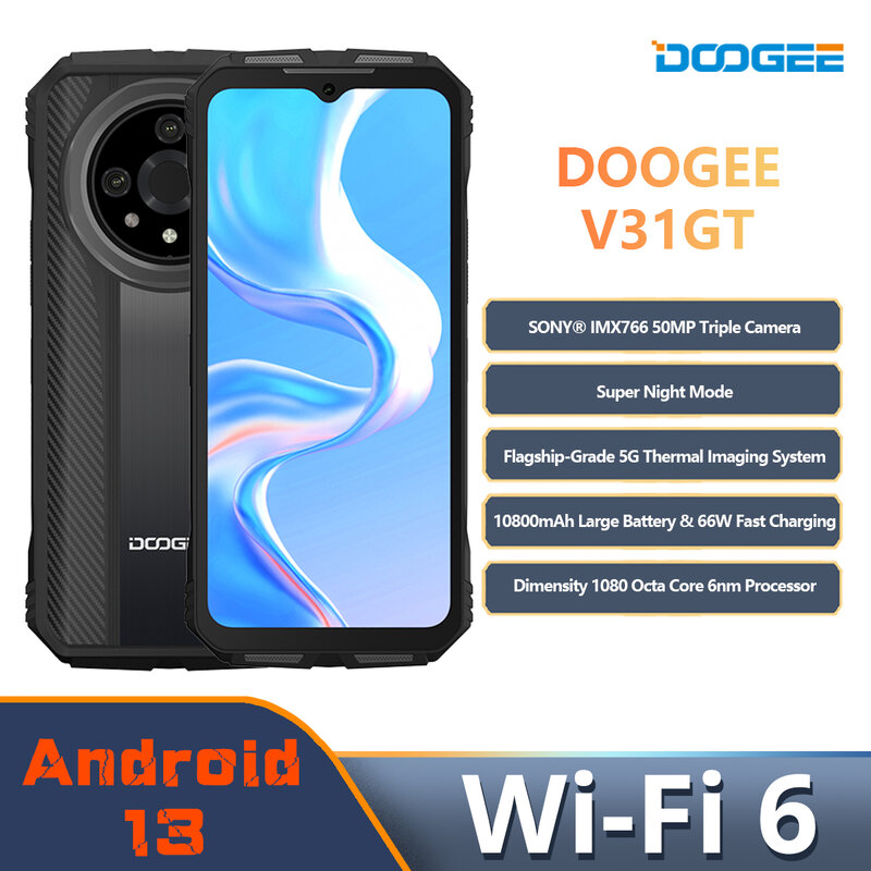 Doogee-V31GT 5G telefone de carregamento rápido robusto, 6,58 "dimensão FHD, 1080 Octa Core, imagem térmica, 10800mAh, 66W
