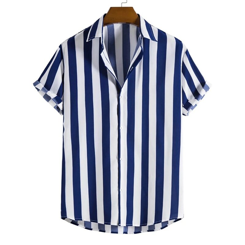 Camisa listrada de manga curta masculina, simples contraste de cor, lapela, single-breasted, solta, nova moda, primavera e verão