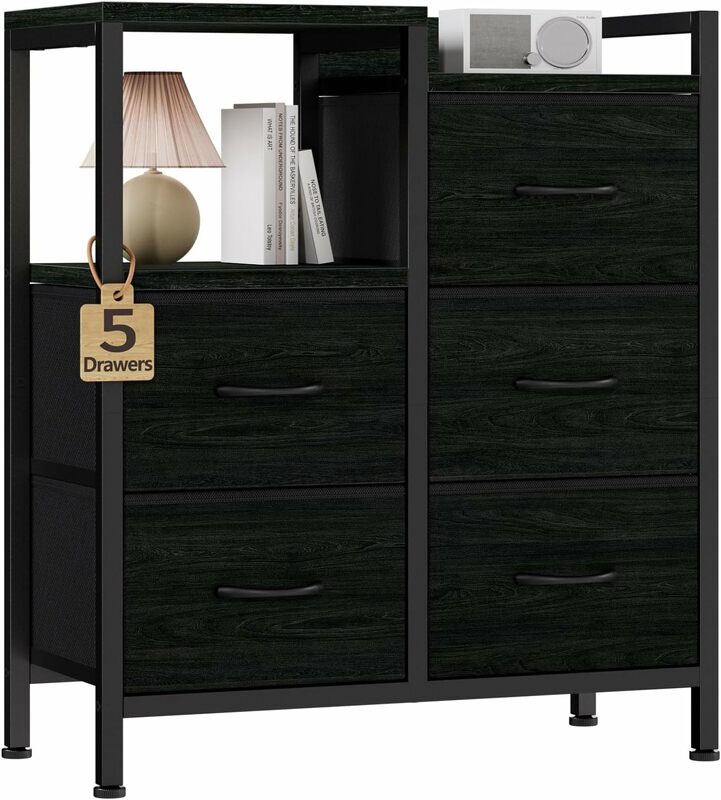 Nightstand with Drawer, 5 Drawers Dresser with Open Shelf for Bedside Storage, Unit Organizer Furniture for Entryway,Living Room
