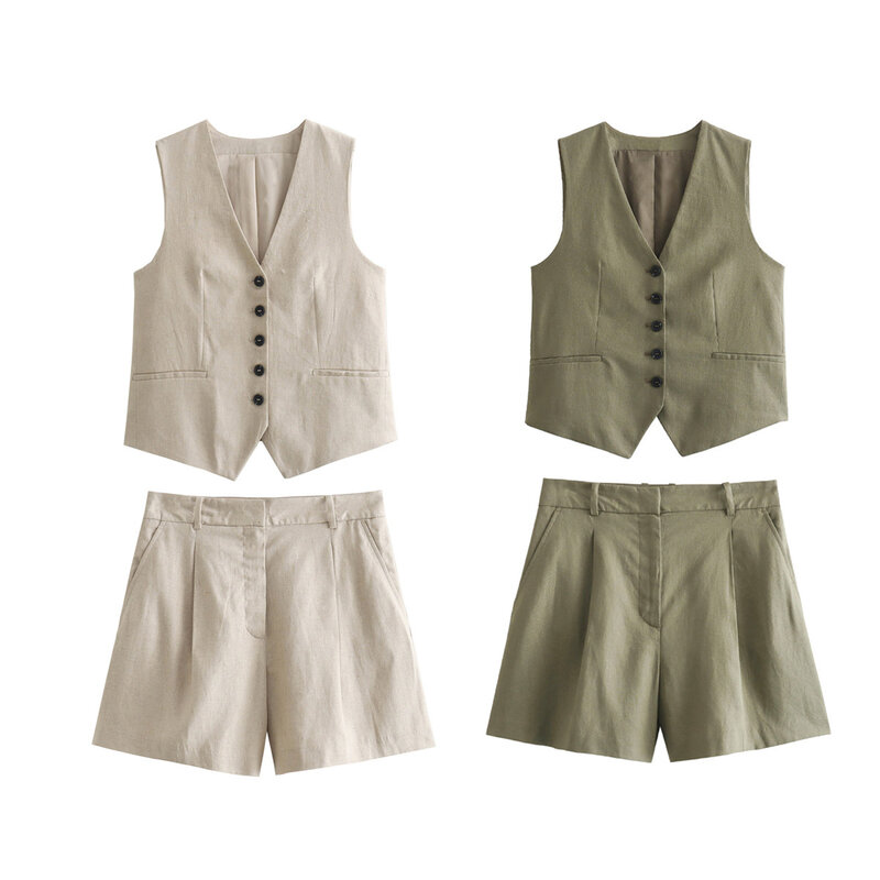 set woman 2 pieces2024 Fashion Flax blended vest Female + Flax blended high waist casual shorts Women's suit