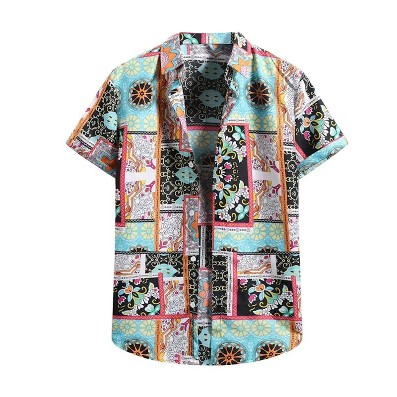 Fashionable Ethnic Patchwork Pattern Print Men's and Women's Short Sleeve Shirts Casual Button-Down Shirt Tops