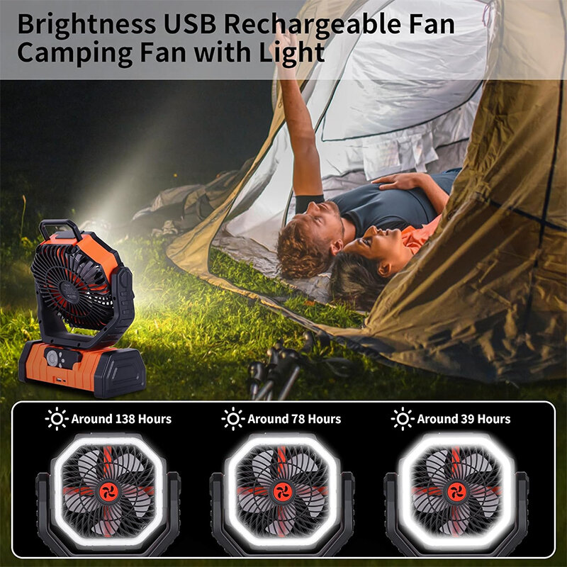 Ventilador de mesa portátil com luz LED, Recarregável, Quiet Camping Fan, Bateria com gancho suspenso para casa e quarto