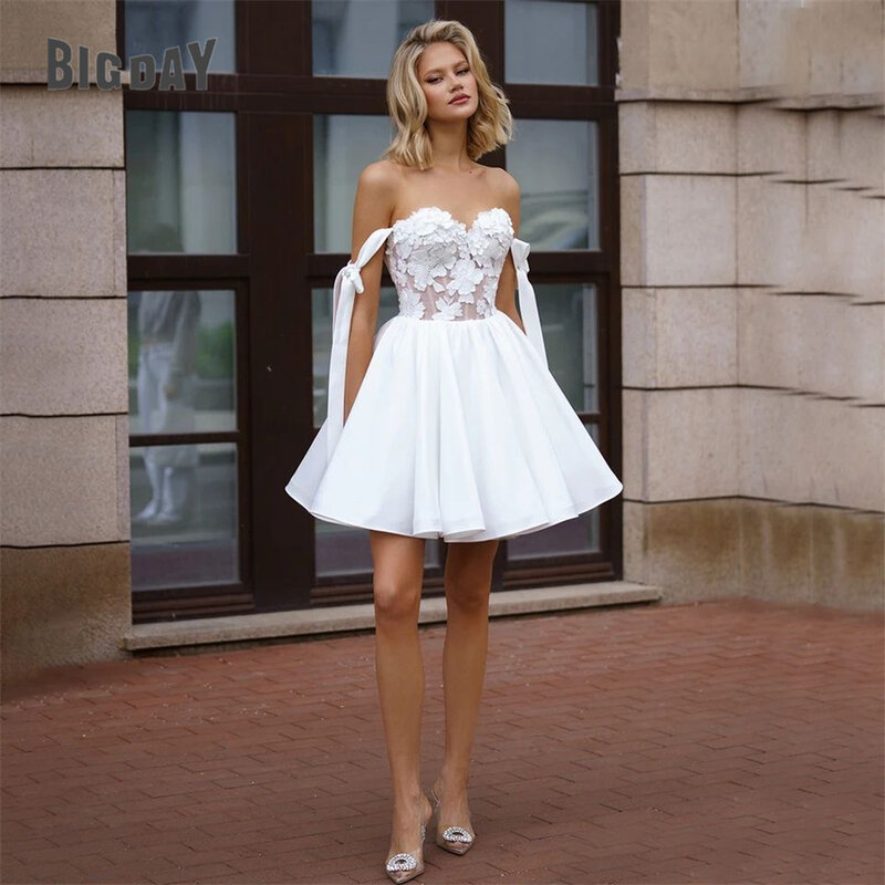Gaun pengantin pendek elegan gaun pengantin model A-Line renda Sweetheart Off The Shoulder Satin gaun pengantin terbuka di atas lutut Vestidos De Noiva