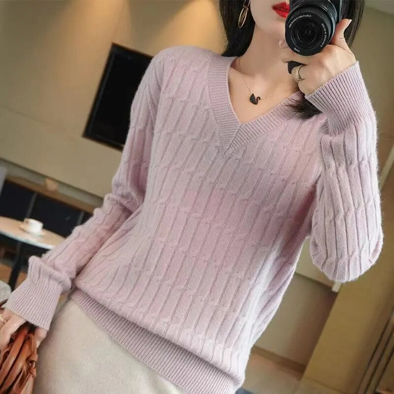 Женский вязаный свитер с V-образным вырезом, свободная рубашка, кашемировый джемпер, однотонный розовый свитер, весна-осень