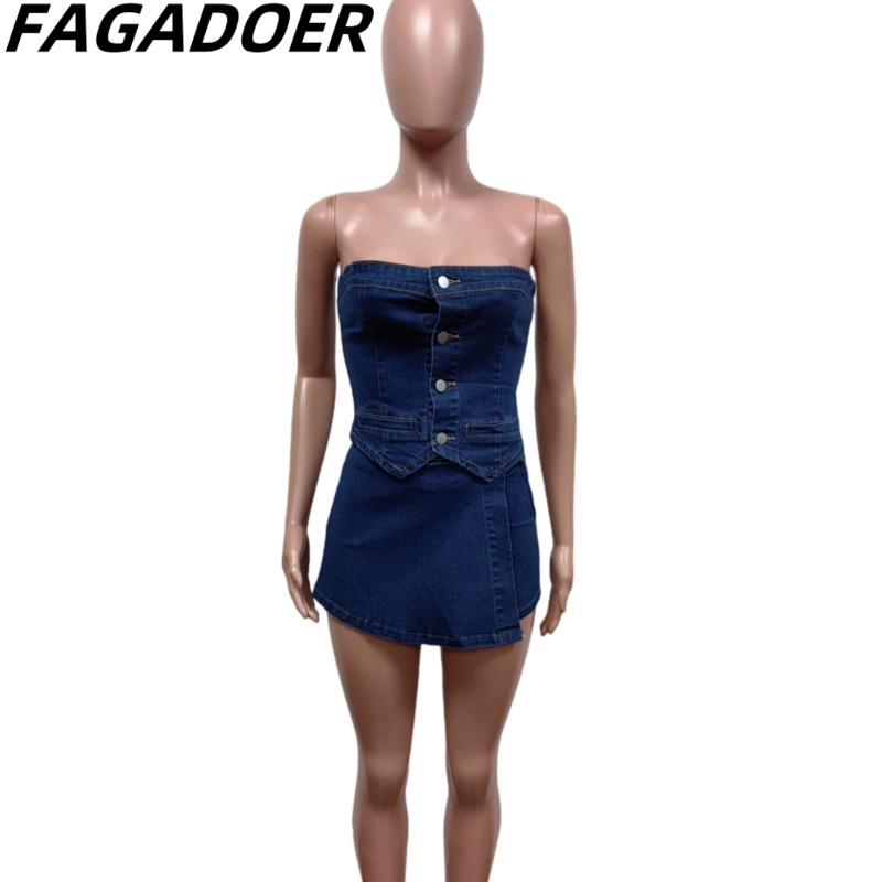 Fagadoer ชุดสองชิ้น celana pendek DENIM ผ้ายืดหยุ่นแฟชั่นสีฟ้าชุดเสื้อผ้าคาวบอยแขนกุดเข้ารูปและกางเกงขาสั้นฤดูร้อน
