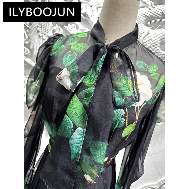 ILYBOOJUN-فستان شيفون مطبوع وردي فرنسي للنساء ، فستان بأكمام طويلة ، خصر مرتفع ، مصمم أزياء جديد للعطلات ، الربيع ،