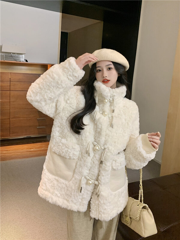 Abrigo de lana Berber para mujer, abrigo de piel sintética de un solo pecho, mangas largas, cuello alto, cálido, moda coreana, Invierno