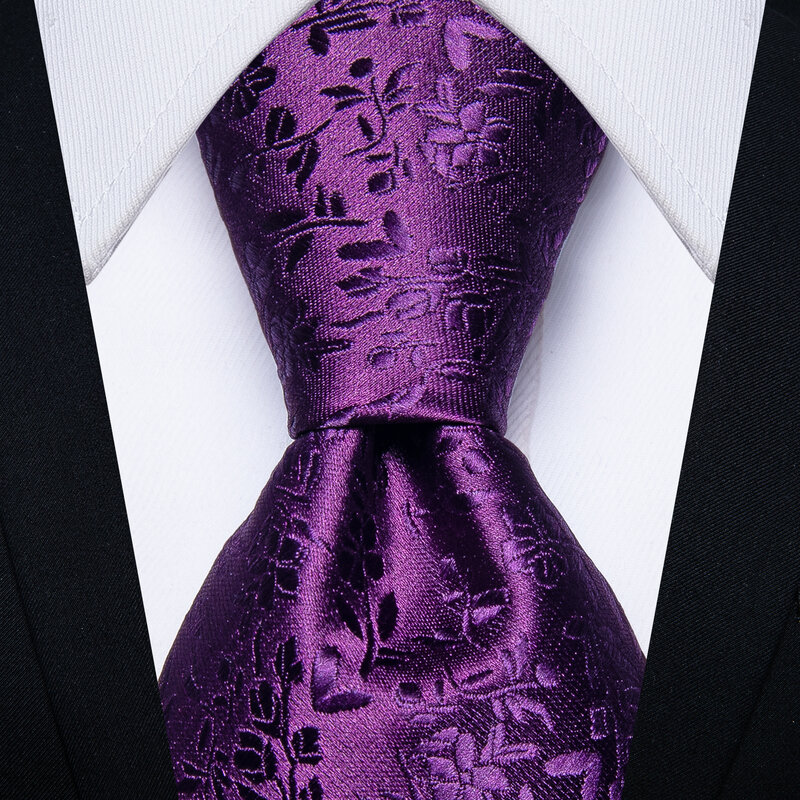 Purple Floral Silk Ties For Men Luxury Men's Neck Tie Set Wedding Accessories Handkerchief Cufflinks Mens Gift Box Set Wholesale
