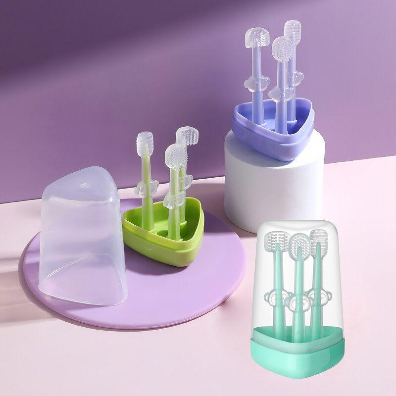 Escova De Dentes Decíduos com Caixa De Armazenamento PP para Bebê Infantil, Limpador De Língua Oral, Silicone