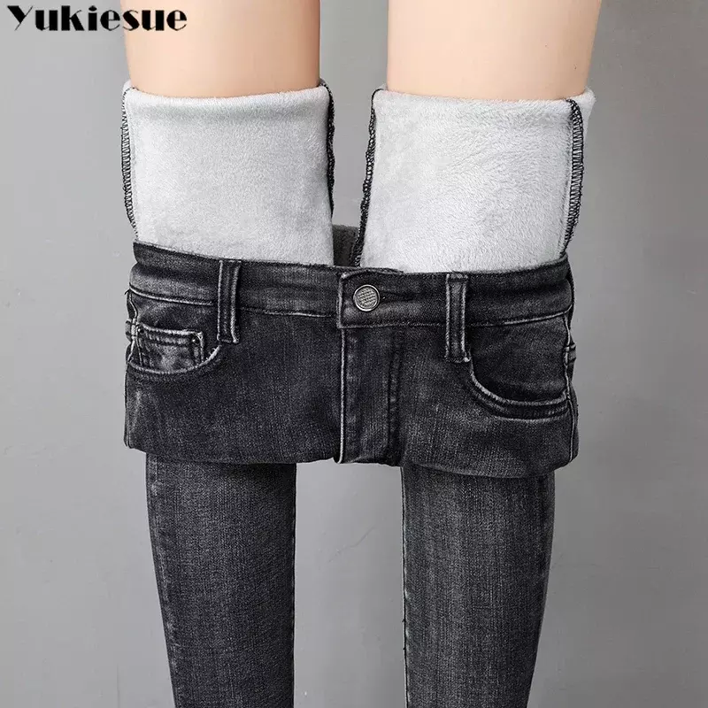 Streetwear damskie ołówkowe spodnie obcisłe dżinsy rurki damskie jean femme mama dżinsy kobieta wysokiej talii 2021 zimowe grube ciepłe spodnie