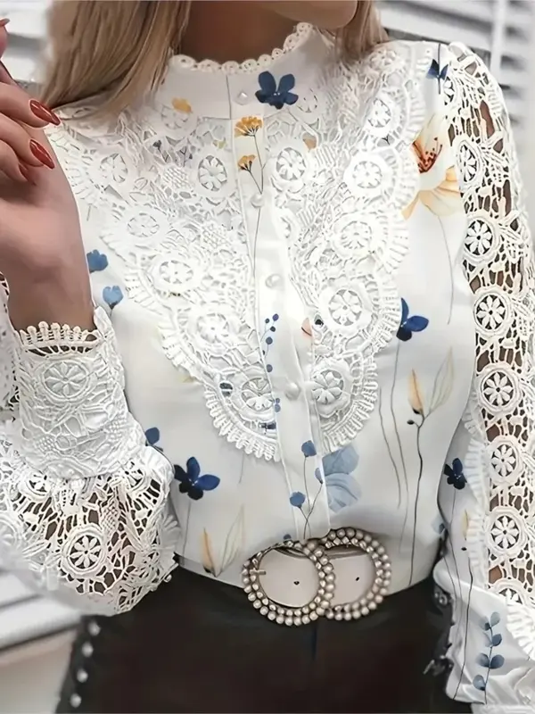 2024 damskie bluzki z długim rękawem modne Vintage białe koronki jesienne guziki bluzki z nadrukiem w kwiaty i damskie koszule Top Femme koszula