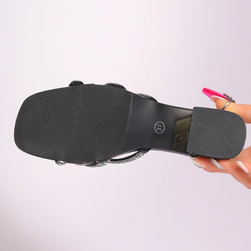 Rhinestone Cross Straps Roman Cool Slippers Women's Shoes Worn Over Summer 2024 New Square Toe Medium Heel Slippers sandals